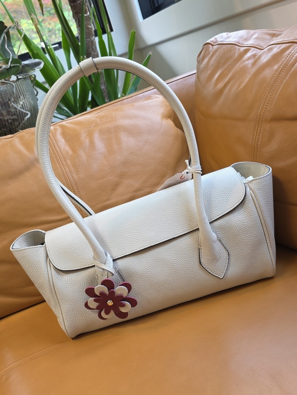 Structured Cream Leather Shoulder Bag with Floral Charm